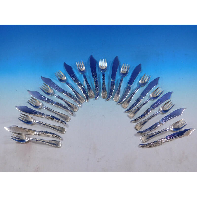 Lap Over Edge Acid Etched Tiffany & Co. Sterling 24Pc Fish Set Birds Aesthetic