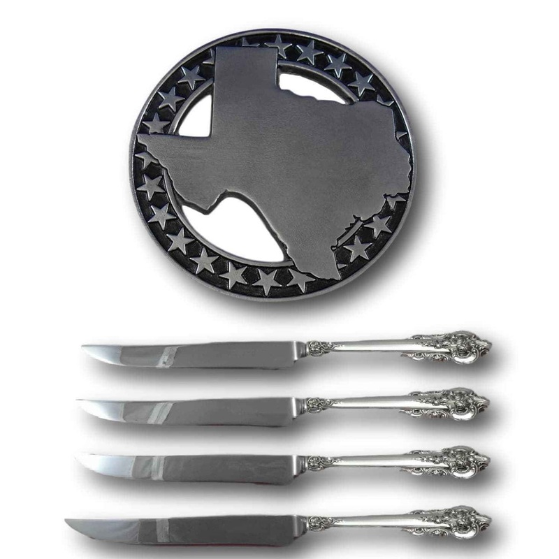 Grande Baroque Wallace Sterling Steak Knife Set 4pc Texas Size Custom & Trivet
