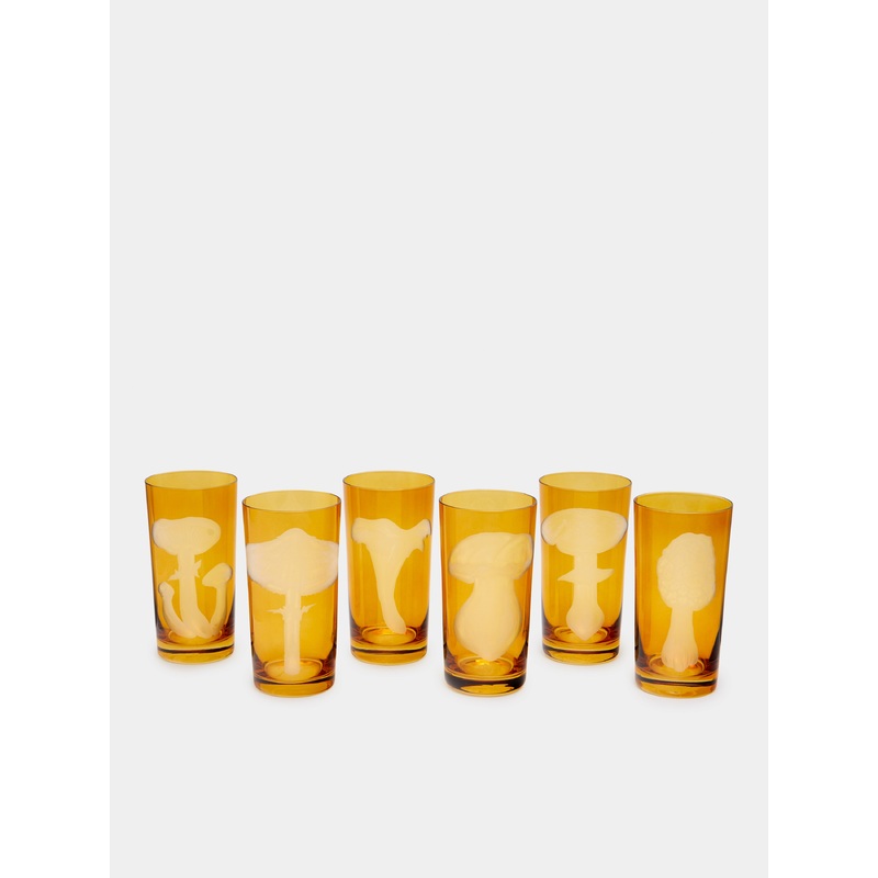 Mushrooms Hand-Engraved Crystal Highballs (Set of 6)