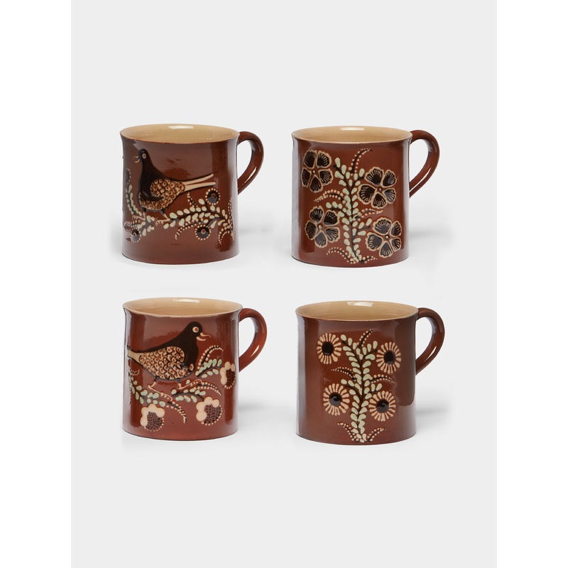 Birds and Flowers Hand-Painted Ceramic Mugs (Set of 4)