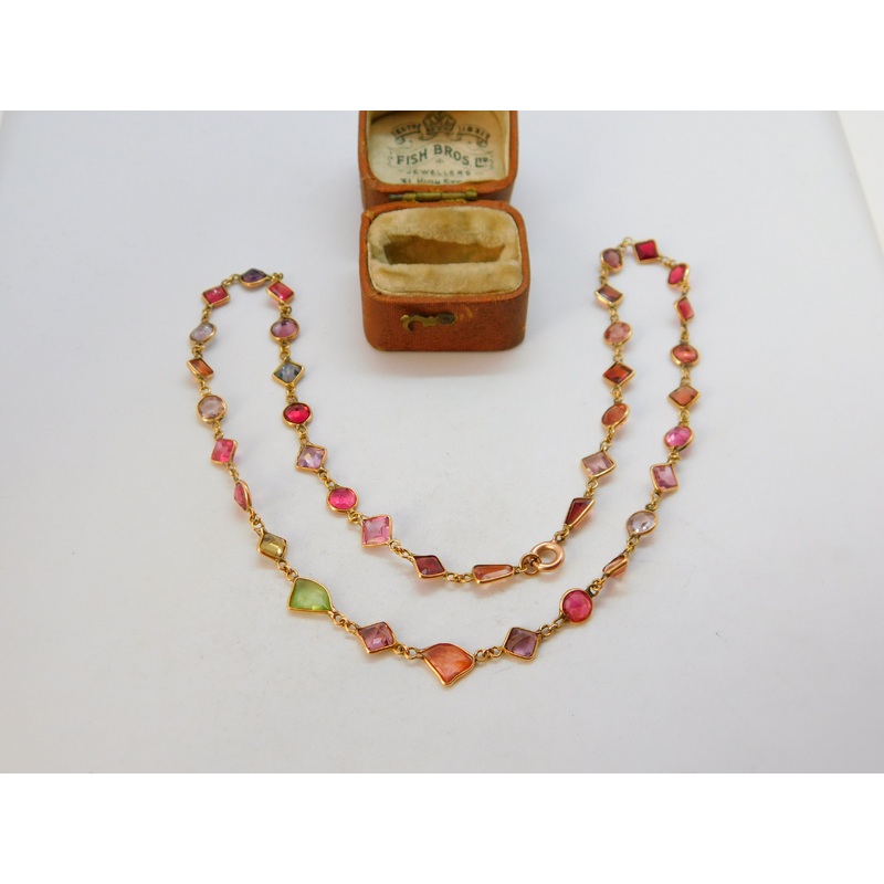9ct Gold Modernist Multi Gemstone Set Necklace Vintage c1980 15.8" 40cm