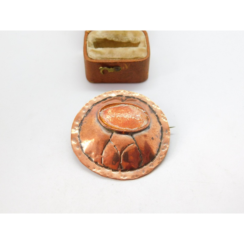 Arts & Crafts Planished Copper & Guilloche Orange Enamel Brooch Antique c1920