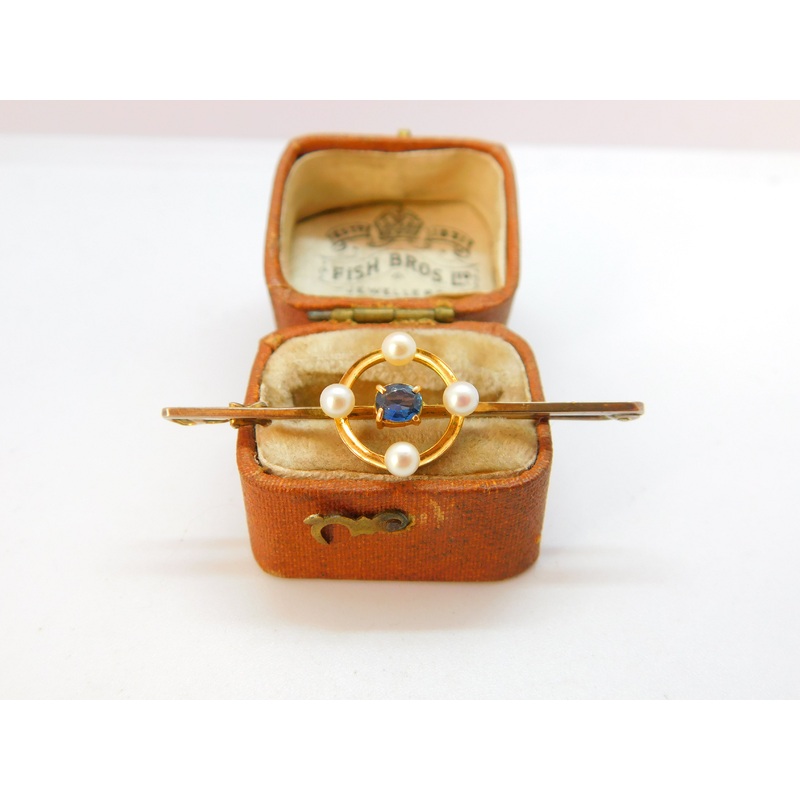 Edwardian 9ct Yellow Gold, Pearl & Sapphire Bar Brooch c1910 Antique