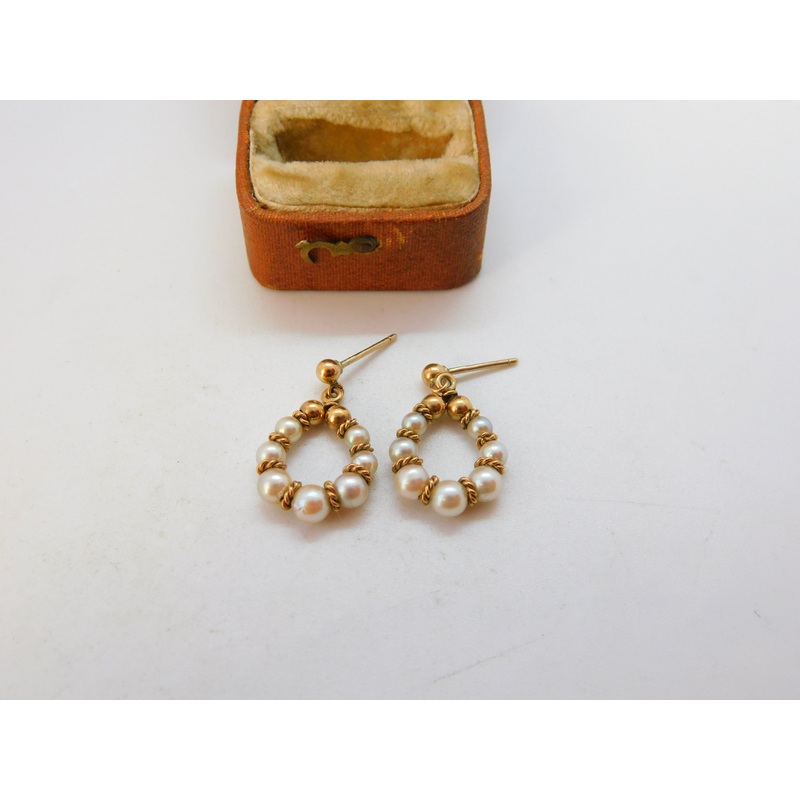 9ct Yellow Gold Pearl Set Modernist Drop Earrings 1982 Birmingham Vintage