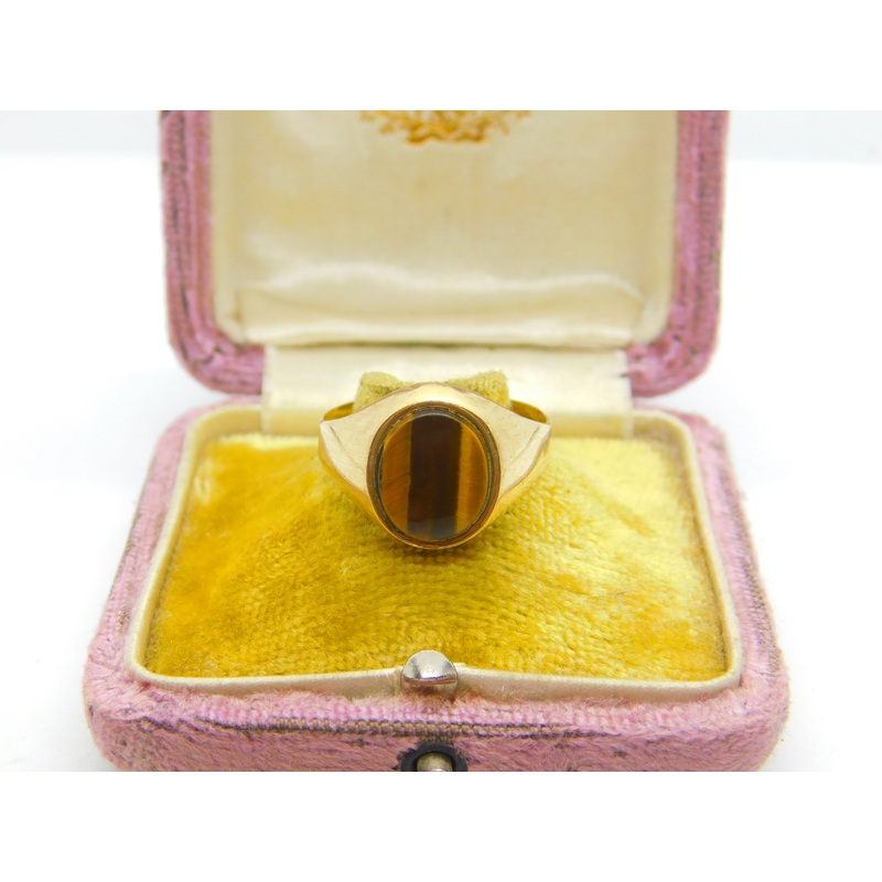 9ct Yellow Gold Tiger's Eye Stone Set Signet Ring Vintage c1970 Size V UK