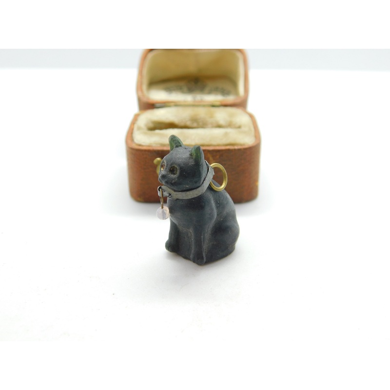 Czech Dark Green Glass Cracker Cat Charm with Collar Antique c1920 Art Deco