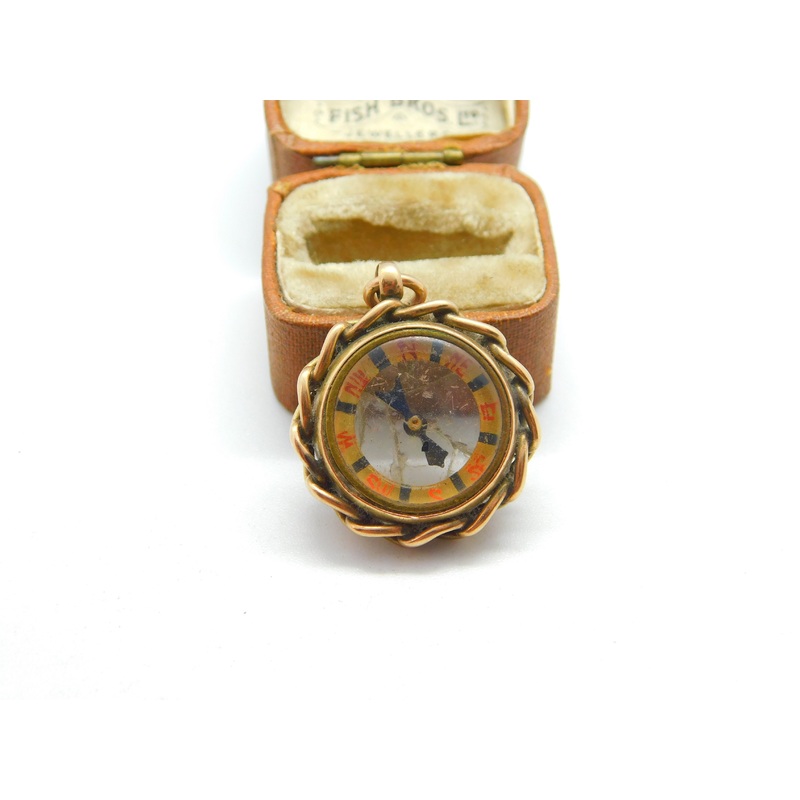 Edwardian 9ct Gold Working Compass Wheel Fob Pendant c1910 Antique AF