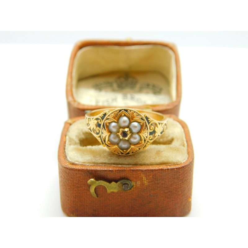 Victorian 15ct Gold, Seed Pearl, Rose Cut Diamond & Black Enamel Floral Ring c1860