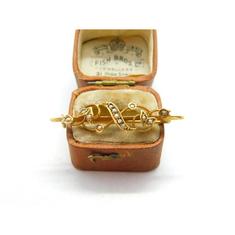 Victorian 9ct Yellow Gold Seed Pearl Floral Sweetheart Brooch 1899 Chester